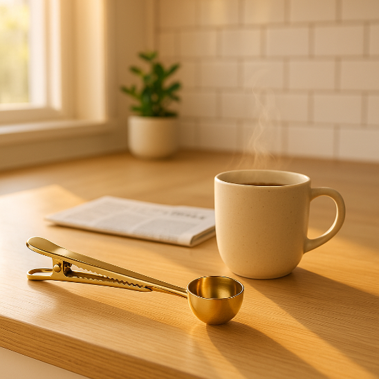 cuillere doseuse or tasse cafe fenetre
