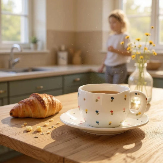tasse cafe petite fleures table bois cuisine matinale