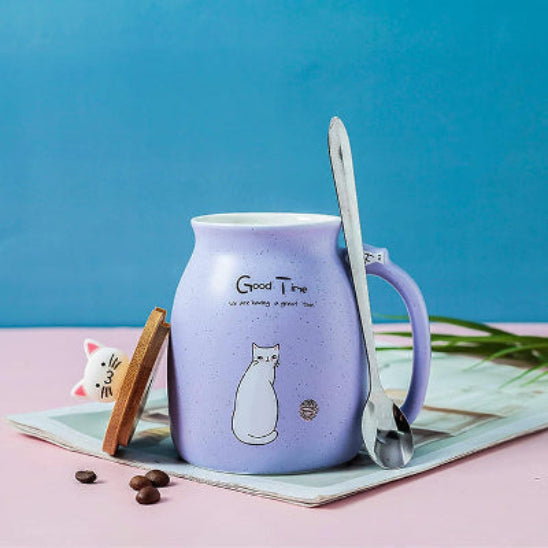tasse the mauve chat kawaii ouvert cuillere couvercle