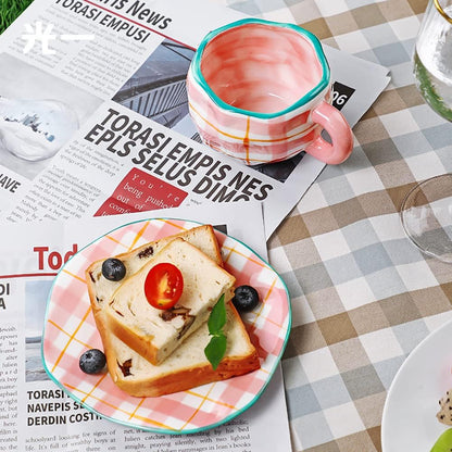 tasse cafe maillage rose pique nique journal 