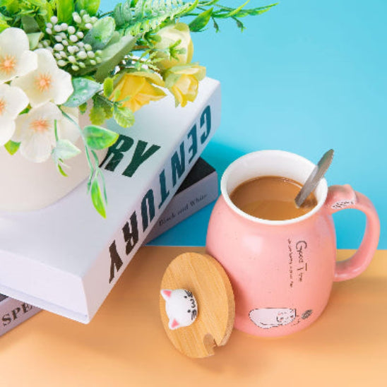 tasse the rose chat kawaii ouvert livre plante